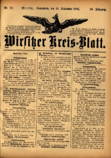 Wirsitzer Kreis-Blatt: herausgegeben vom Königlichen Landraths-Amte 1904.09.10 Jg.60 Nr72