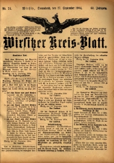 Wirsitzer Kreis-Blatt: herausgegeben vom Königlichen Landraths-Amte 1904.09.17 Jg.60 Nr74