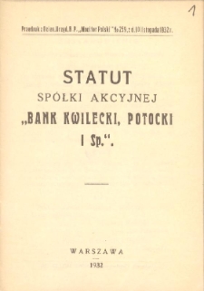 Statut spółki akcyjnej "Bank Kwilecki, Potocki i Sp."
