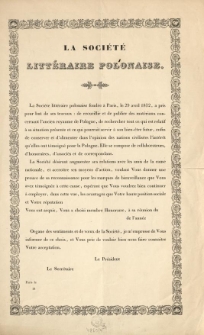 [Zawiadomienie Inc.:] "La Société Littéraire Polonaise fondée a Paris ..."