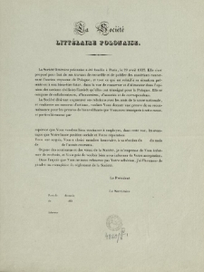 [Zawiadomienie Inc.:] "La Société Littéraire Polonaise a été fondée a Paris ..."
