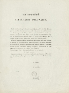 [Zawiadomienie Inc.:] "La Société Littéraire Polonaise a été fondée a Paris ..."