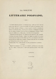 [Zawiadomienie Inc.:] "La Société Littéraire Polonaise a été fondée a Paris ..."