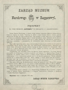 Zarząd Muzeum Narodowego w rapperswyl : prospekt na pismo zbiorowe "Rapperswyl" pod redakcyą J. I. Kraszewskiego