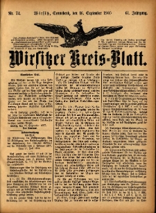 Wirsitzer Kreis-Blatt: herausgegeben vom Königlichen Landraths-Amte 1905.09.16 Jg.61 Nr74