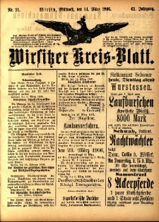 Wirsitzer Kreis-Blatt: herausgegeben vom Königlichen Landraths-Amte 1906.03.14 Jg.62 Nr21