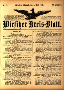 Wirsitzer Kreis-Blatt: herausgegeben vom Königlichen Landraths-Amte 1906.04.04 Jg.62 Nr27