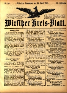 Wirsitzer Kreis-Blatt: herausgegeben vom Königlichen Landraths-Amte 1906.04.14 Jg.62 Nr30