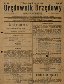Orędownik Urzędowy Powiatu Śremskiego. 1923.08.18 R.7 Nr33