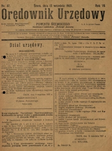 Orędownik Urzędowy Powiatu Śremskiego. 1923.09.15 R.7 Nr37