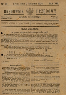 Orędownik Urzędowy Powiatu Śremskiego. 1924.08.02 R.8 Nr31