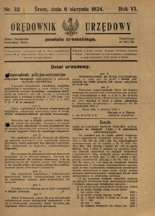 Orędownik Urzędowy Powiatu Śremskiego. 1924.08.06 R.6 Nr32