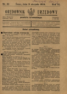 Orędownik Urzędowy Powiatu Śremskiego. 1924.08.09 R.6 Nr33