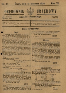Orędownik Urzędowy Powiatu Śremskiego. 1924.08.13 R.6 Nr34