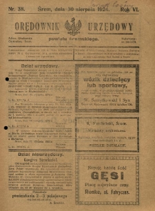 Orędownik Urzędowy Powiatu Śremskiego. 1924.08.30 R.6 Nr38