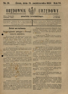 Orędownik Urzędowy Powiatu Śremskiego. 1924.10.15 R.6 Nr51
