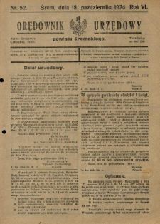 Orędownik Urzędowy Powiatu Śremskiego. 1924.10.18 R.6 Nr52
