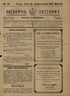 Orędownik Urzędowy Powiatu Śremskiego. 1924.10.25 R.6 Nr54
