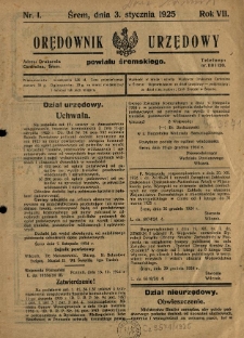 Orędownik Urzędowy Powiatu Śremskiego. 1925.01.03 R.7 Nr1