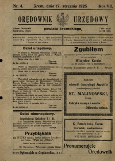 Orędownik Urzędowy Powiatu Śremskiego. 1925.01.17 R.7 Nr4
