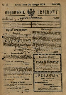 Orędownik Urzędowy Powiatu Śremskiego. 1925.02.28 R.7 Nr16