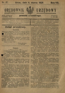 Orędownik Urzędowy Powiatu Śremskiego. 1925.03.04 R.7 Nr17