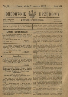 Orędownik Urzędowy Powiatu Śremskiego. 1925.03.07 R.7 Nr18