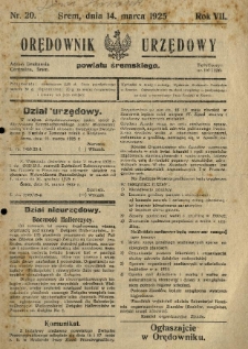 Orędownik Urzędowy Powiatu Śremskiego. 1925.03.14 R.7 Nr20