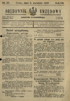 Orędownik Urzędowy Powiatu Śremskiego. 1925.04.08 R.7 Nr27