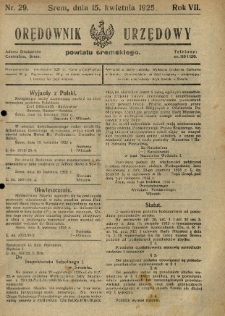 Orędownik Urzędowy Powiatu Śremskiego. 1925.04.15 R.7 Nr29