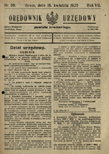 Orędownik Urzędowy Powiatu Śremskiego. 1925.04.18 R.7 Nr30