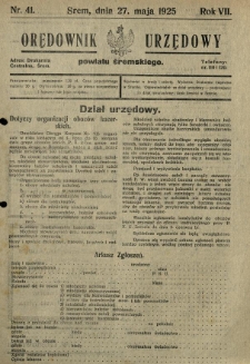 Orędownik Urzędowy Powiatu Śremskiego. 1925.05.27 R.7 Nr41