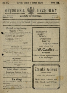 Orędownik Urzędowy Powiatu Śremskiego. 1925.07.01 R.7 Nr51