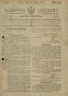 Orędownik Urzędowy Powiatu Śremskiego. 1925.07.11 R.7 Nr54