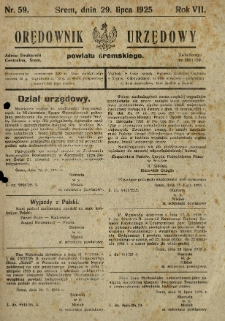 Orędownik Urzędowy Powiatu Śremskiego. 1925.07.29 R.7 Nr59