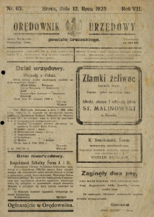 Orędownik Urzędowy Powiatu Śremskiego. 1925.08.12 R.7 Nr63