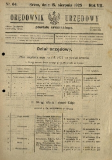 Orędownik Urzędowy Powiatu Śremskiego. 1925.08.15 R.7 Nr64