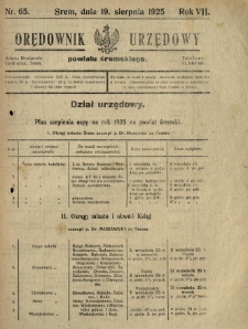 Orędownik Urzędowy Powiatu Śremskiego. 1925.08.19 R.7 Nr65