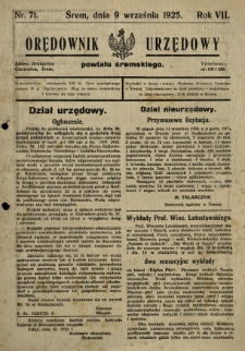 Orędownik Urzędowy Powiatu Śremskiego. 1925.09.09 R.7 Nr71