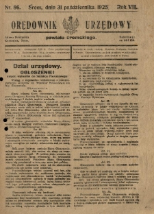Orędownik Urzędowy Powiatu Śremskiego. 1925.10.31 R.7 Nr86