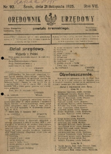 Orędownik Urzędowy Powiatu Śremskiego. 1925.11.21 R.7 Nr92