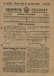Orędownik Urzędowy Powiatu Śremskiego. 1925.12.12 R.7 Nr97-98