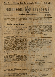 Orędownik Urzędowy Powiatu Śremskiego. 1926.01.09 R.8 Nr2