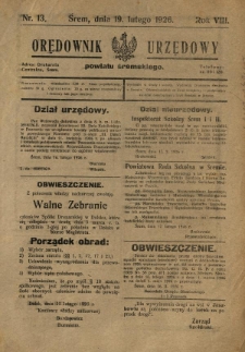 Orędownik Urzędowy Powiatu Śremskiego. 1926.02.19 R.8 Nr13