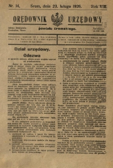 Orędownik Urzędowy Powiatu Śremskiego. 1926.02.23 R.8 Nr14