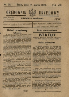 Orędownik Urzędowy Powiatu Śremskiego. 1926.03.17 R.8 Nr20