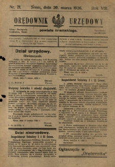 Orędownik Urzędowy Powiatu Śremskiego. 1926.03.20 R.8 Nr21