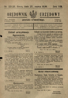 Orędownik Urzędowy Powiatu Śremskiego. 1926.03.27 R.8 Nr22-23
