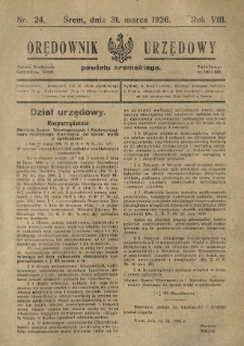 Orędownik Urzędowy Powiatu Śremskiego. 1926.03.31 R.8 Nr24