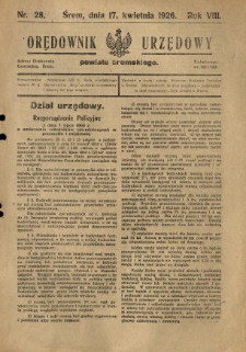 Orędownik Urzędowy Powiatu Śremskiego. 1926.04.17 R.8 Nr28